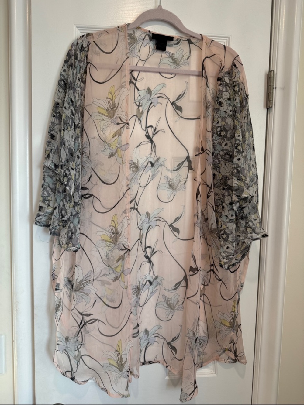 Steve Madden Sheer Floral Kimono Jacket in Blush and Gray